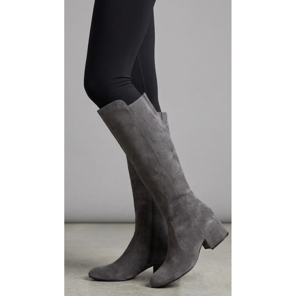 Marc Fisher LTD Grey Suede Embroidered Over The Knee Boots Block Heel Size 7M